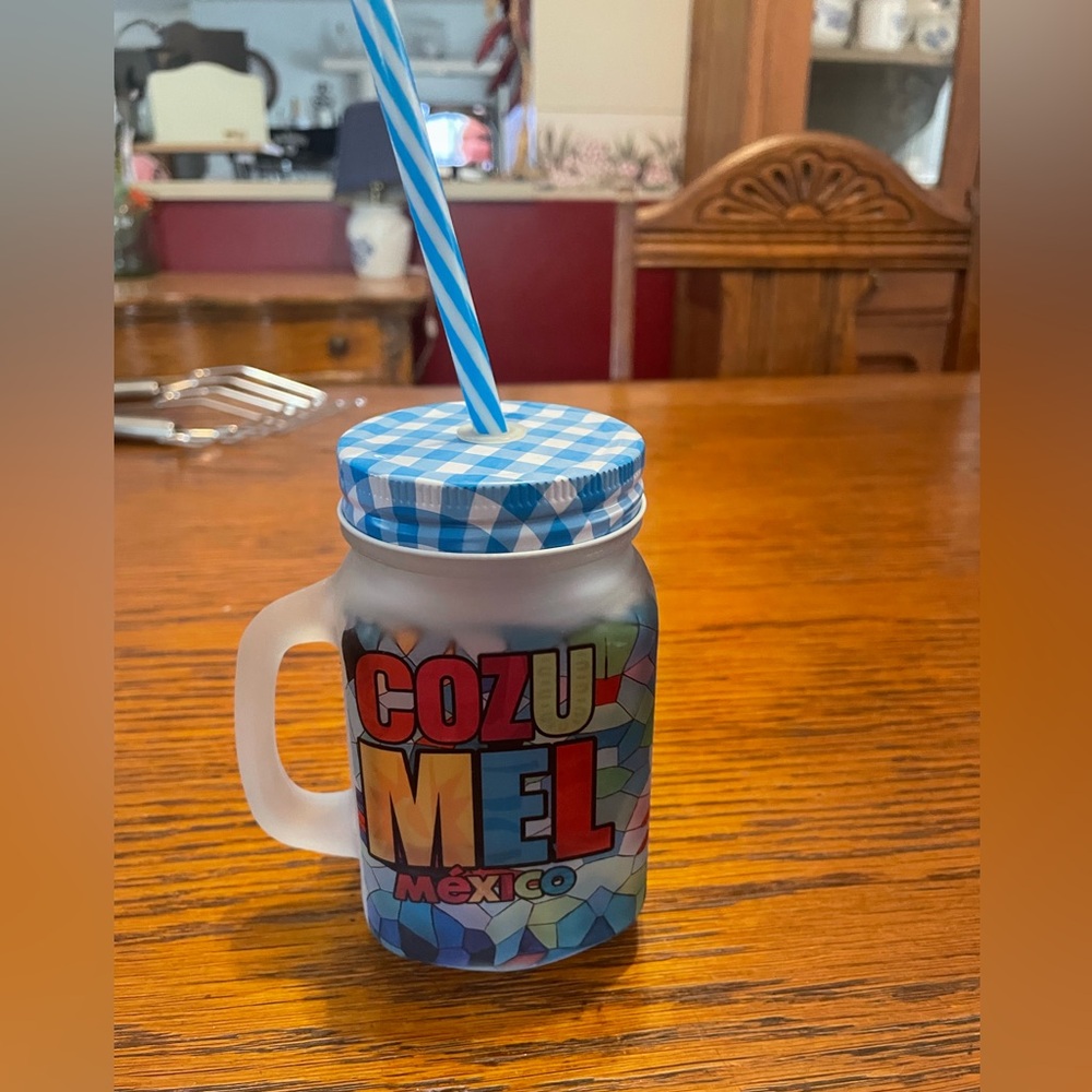 Cozumel Frosted Glass Mason Jar with Blue Lid and Straw